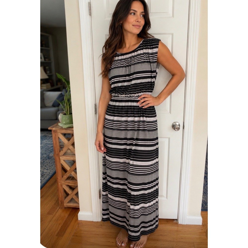 Stitch Clothing Co Womens Black White Striped Sleeveless Maxi Dress Large‎